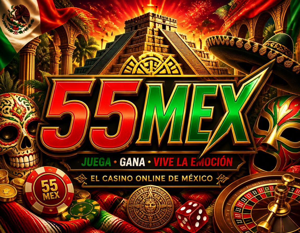 55MEX - visual principal de casino movil Escena de juego movil de 55MEX con iconos de casino, monedas y elementos de acceso a la cuenta